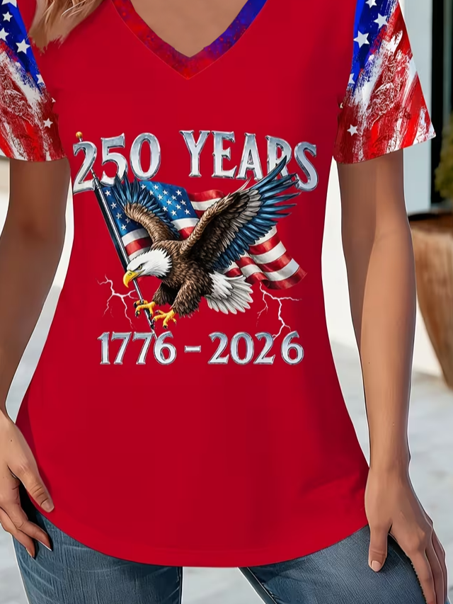 Women's USA 250th Anniversary Short Sleeve T-shirt Summer Red Text Letters Jersey V Neck Holiday Going Out Casual Top