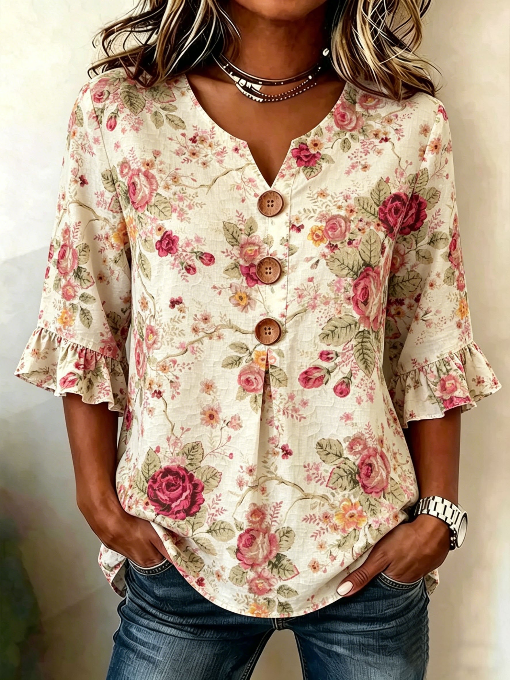 Women's Retro Floral Print Half Sleeve Ruffle Cuff Blouse Summer V Neck Button Daily Going Out Vintage Top