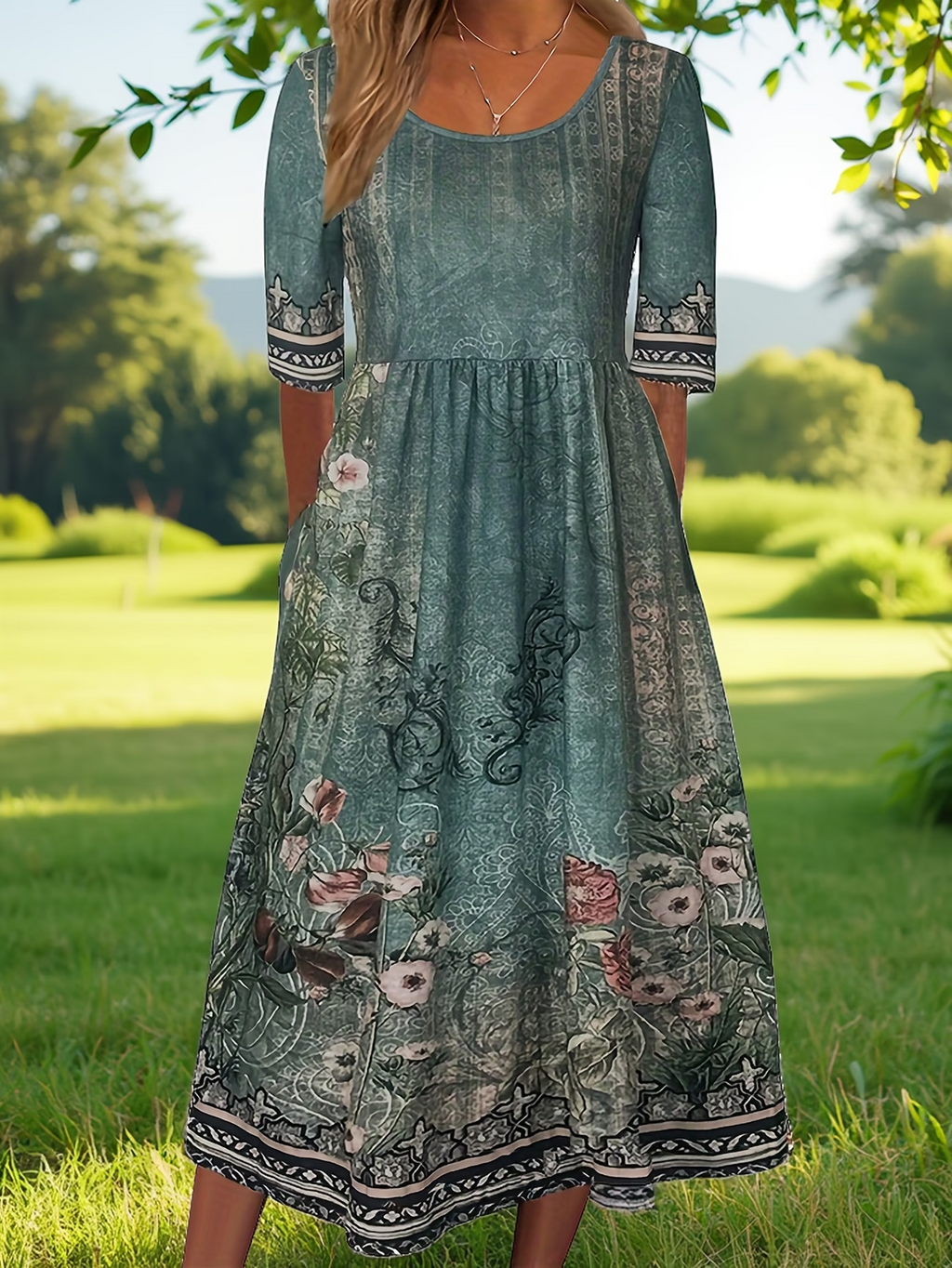Women's Half Sleeve Summer Green Floral Printing Crew Neck Daily Going Out Casual Maxi H-Line Dress