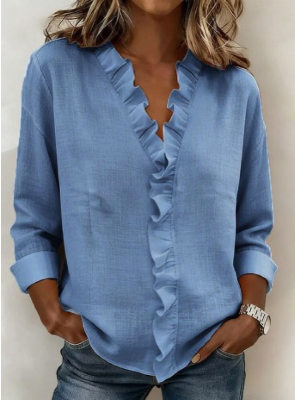 Women's Solid Color V-Neck Blouse with Ruffle Trim Long Sleeve Casual Top