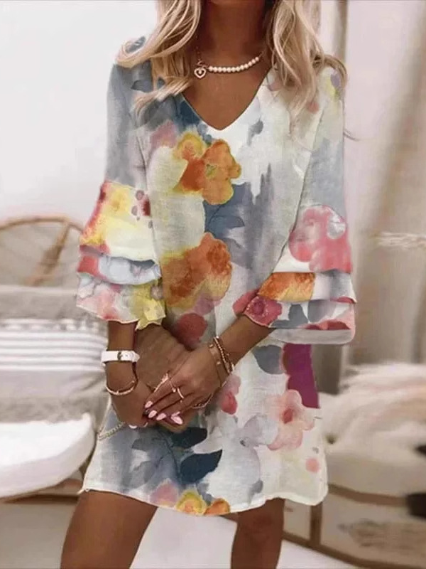 Watercolor Floral Tiered Sleeve Mini Dress - Boho V Neck Casual Summer Shift Dress