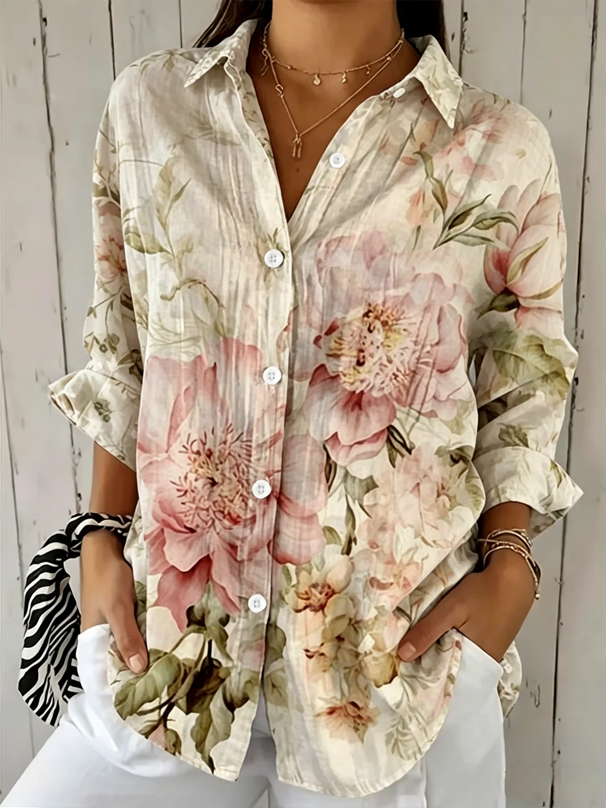 Women's Retro Floral Blouse with Mid-Length Sleeves