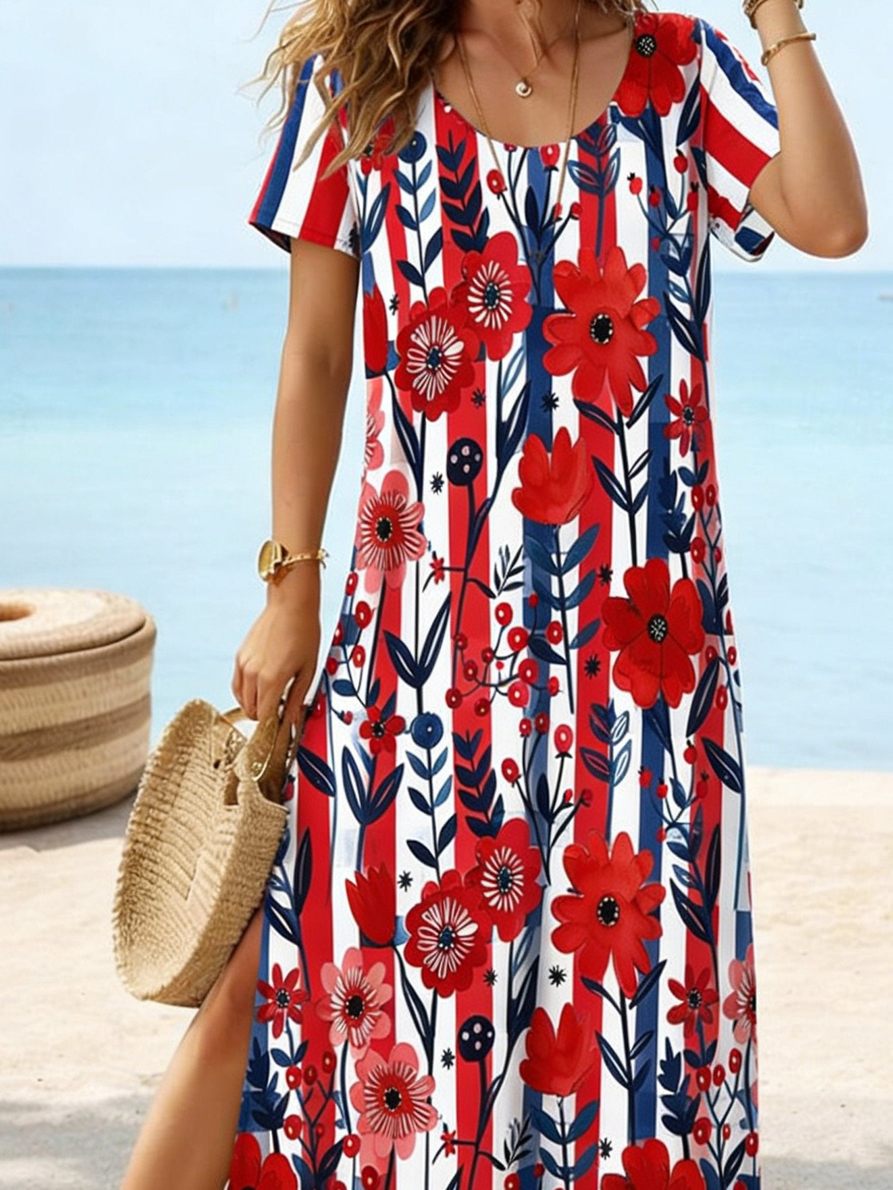 3D Printing Floral Pattern Short Sleeve V Nek 250th Anniversary Vacation Summer Casual Shirt Dress