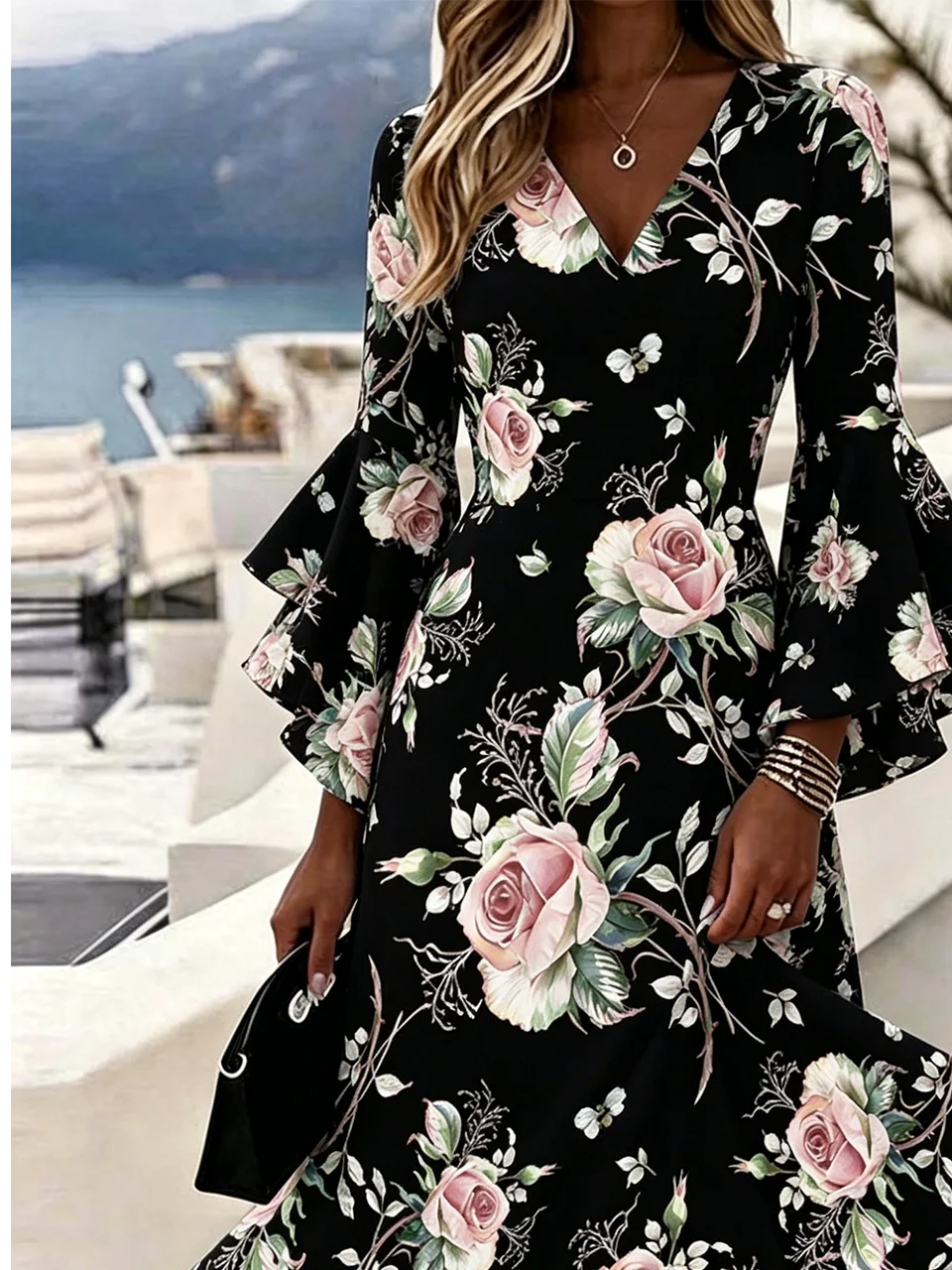Bell Sleeve Regular Fit Elegant Dress With No