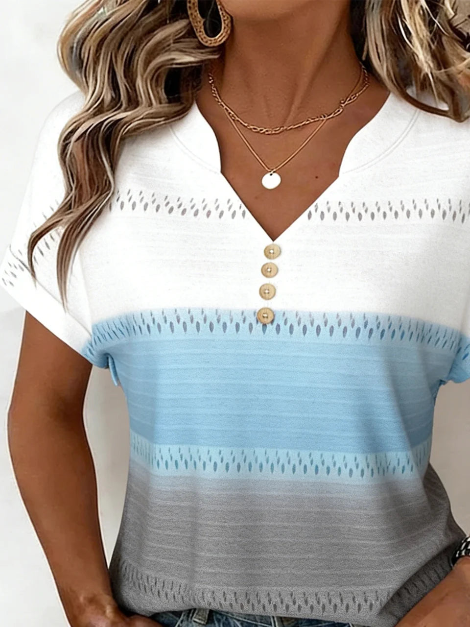 Elegant V Neck Gradient Pattern Linen Blend T-Shirt