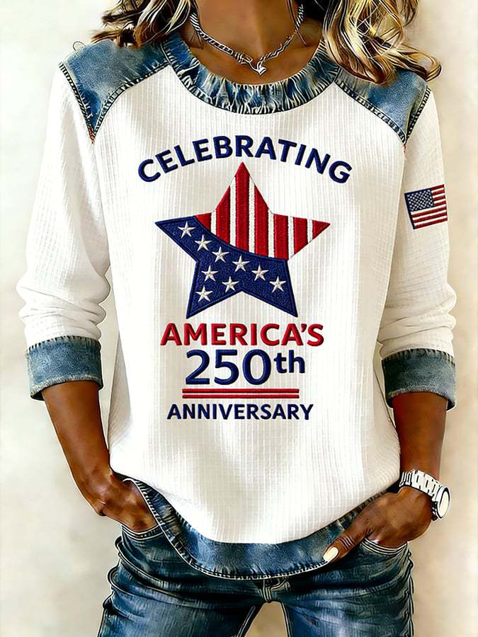 Street Denim Color Block Letter Pattern Round Neck Long Sleeve Independence Day Going Out Casual Sweatshirt