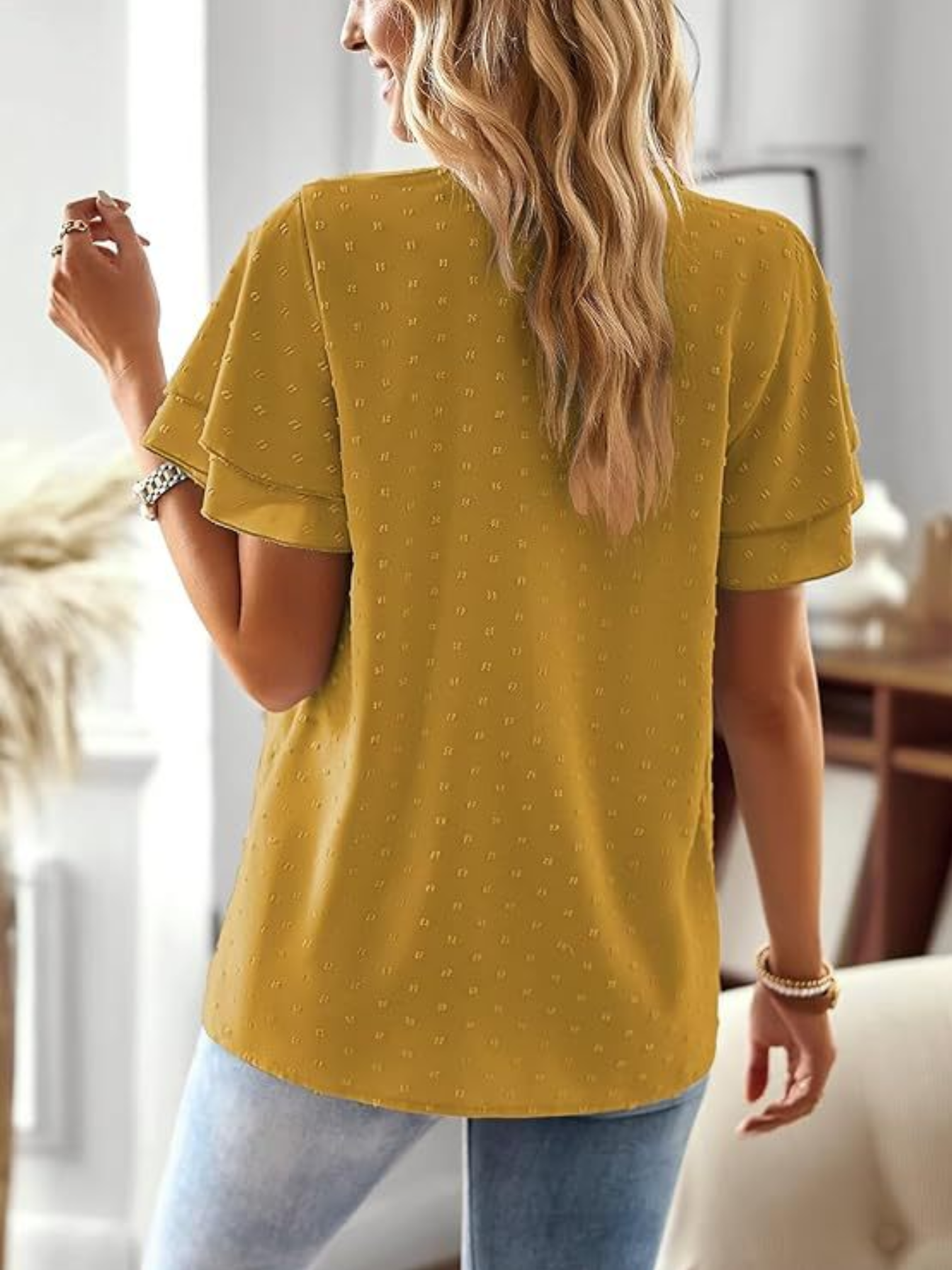 Loose V Neck Ruffle Short Sleeve Lace Elegant Blouse