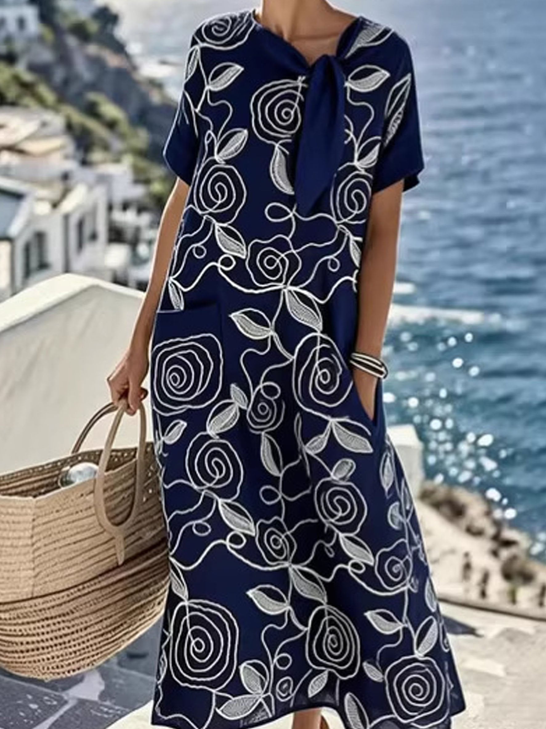 Floral Short Sleeve Tie Detail Elegant Casual Maxi Dress