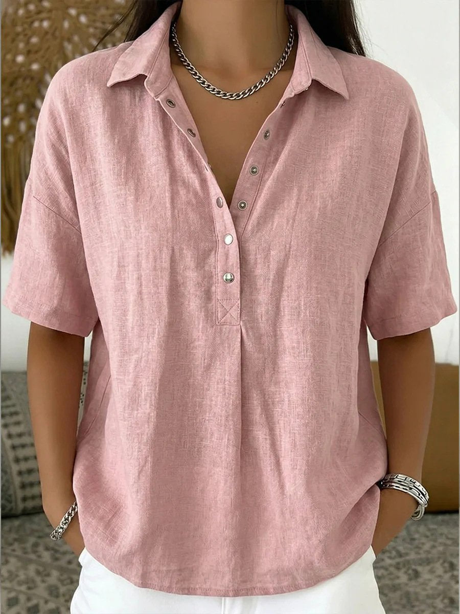 Women’s Light Blue Short Sleeve V Neck Henley Shirt Loose Fit Linen Casual Polo Blouse