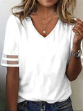 Loose V Neck Casual Mesh Striped Patchwork Design Half Sleeve T-Shirt