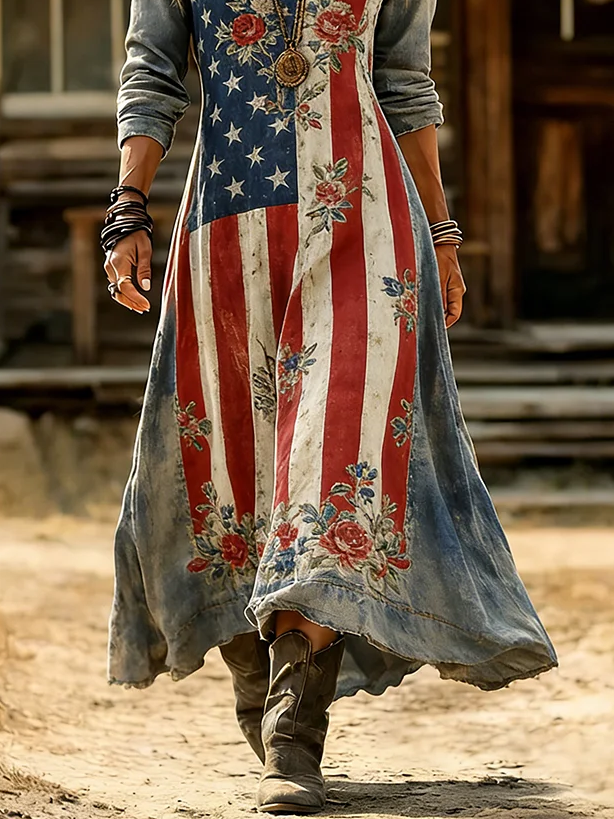 Women's Long Sleeve Spring/Fall As Picture America Flag Printing V Neck Daily Going Out Vintage Maxi H-Line Dress