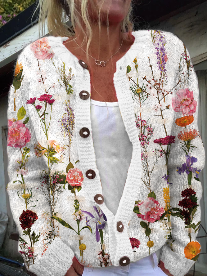 Casual Crew Neck Plants Floral Cardigan