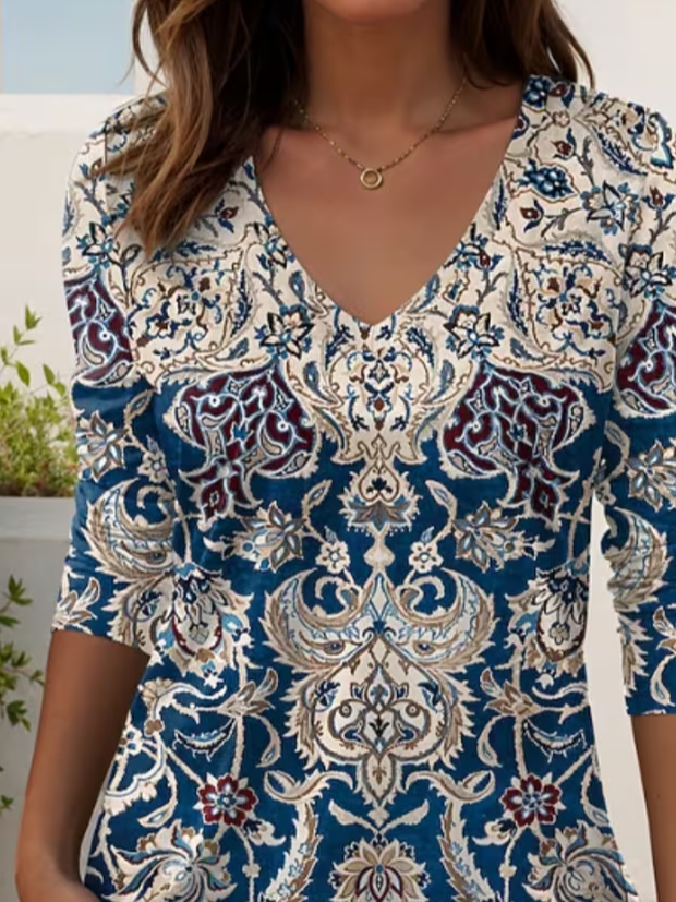 Women's Long Sleeve T-shirt Spring/Fall Blue Ethnic Printing V Neck Holiday Going Out Casual Top