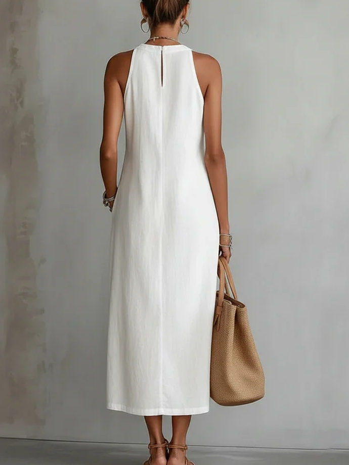 Casual Plain Lace Crew Neck Midi Dress