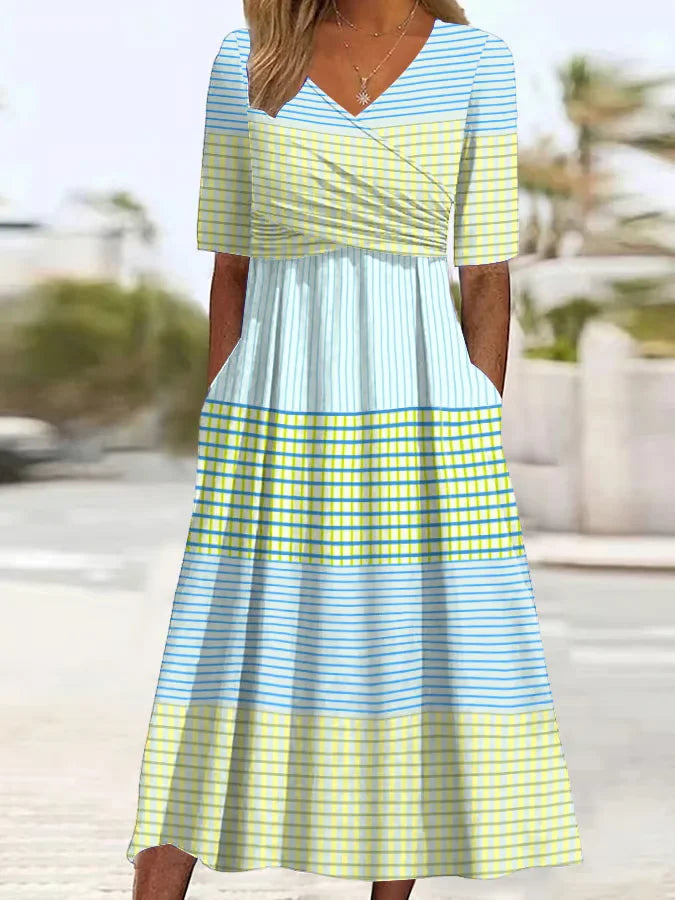 Women's Striped Print V-Neck Dress