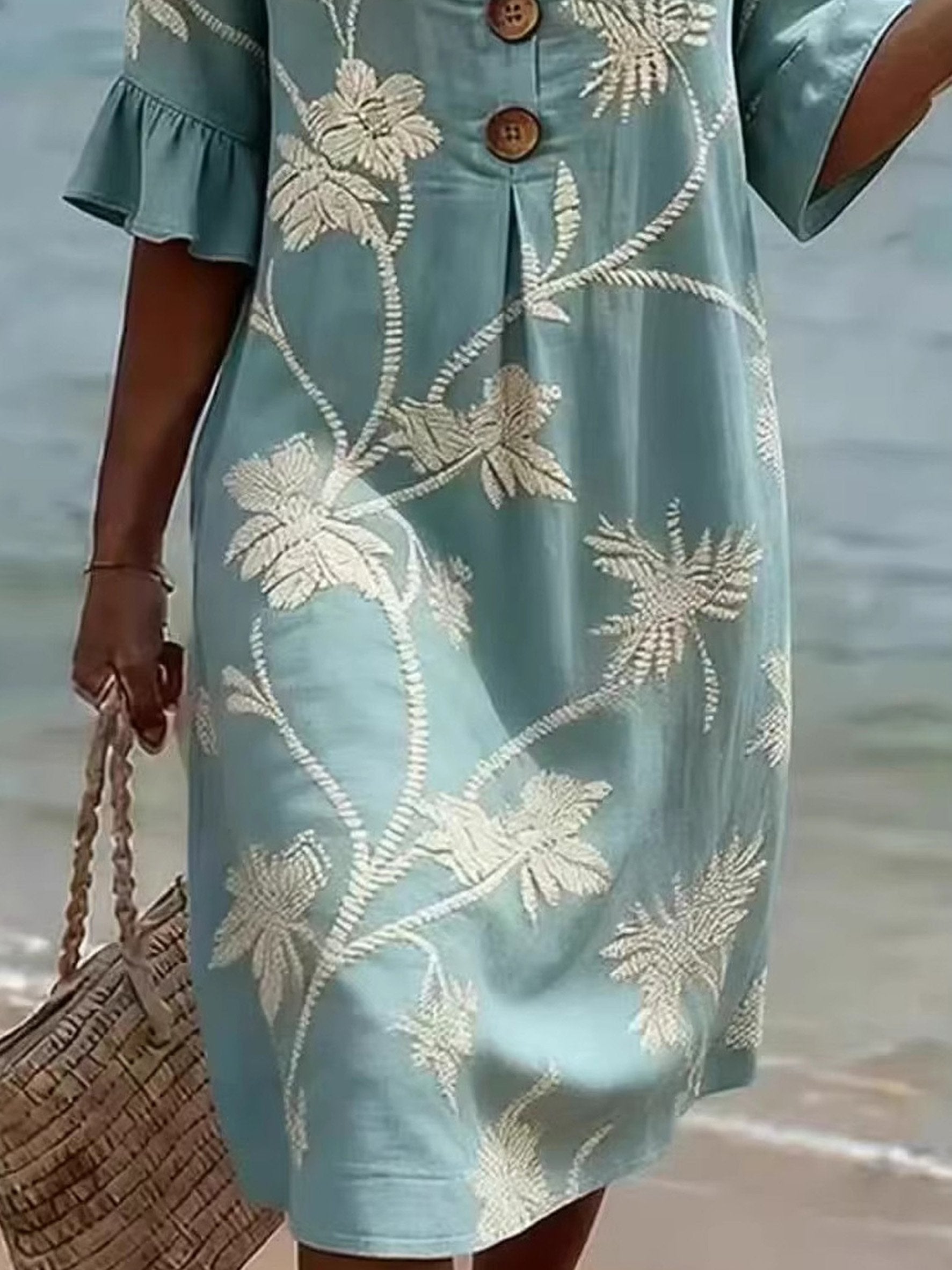 Floral Printed V Neck Short Sleeve Button A-Line Summer Casual Midi Dress