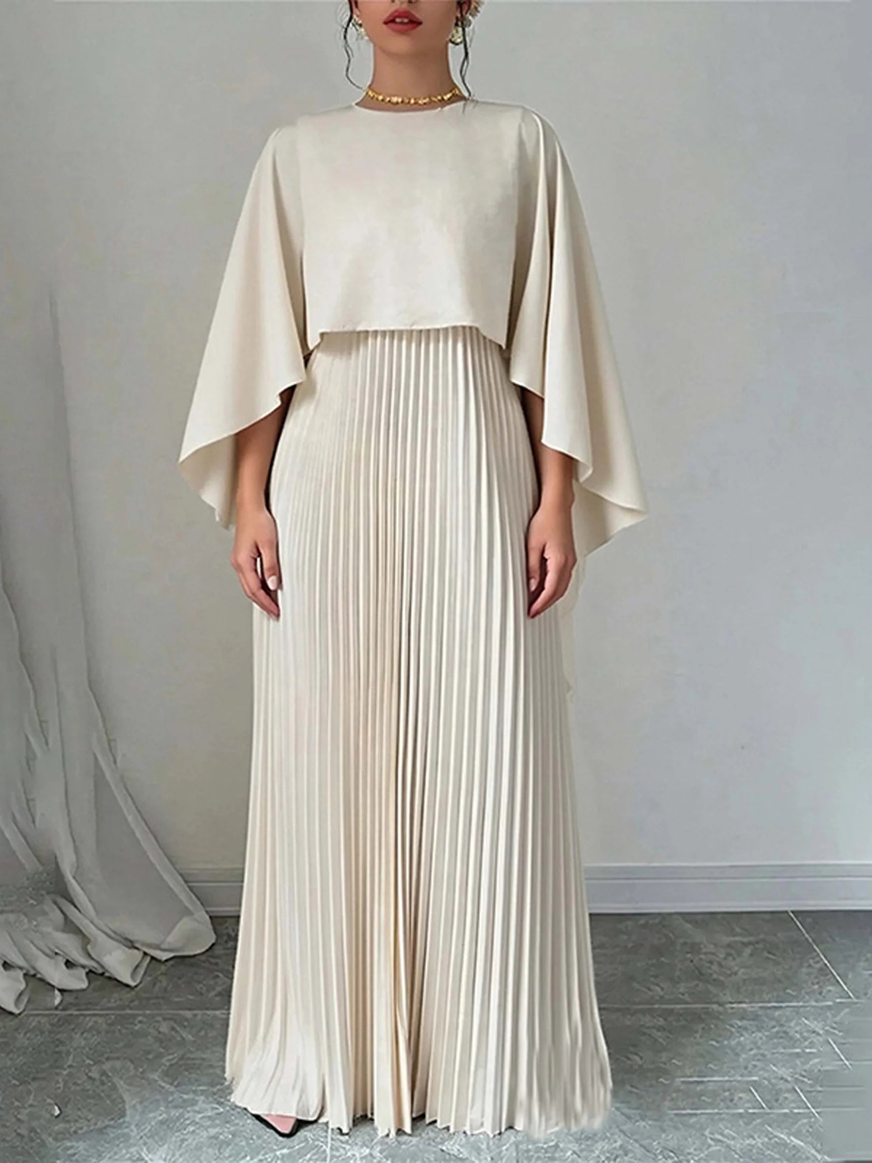 Plain Crew Neck batwing sleeve Pleated Elegant Maxi Dress