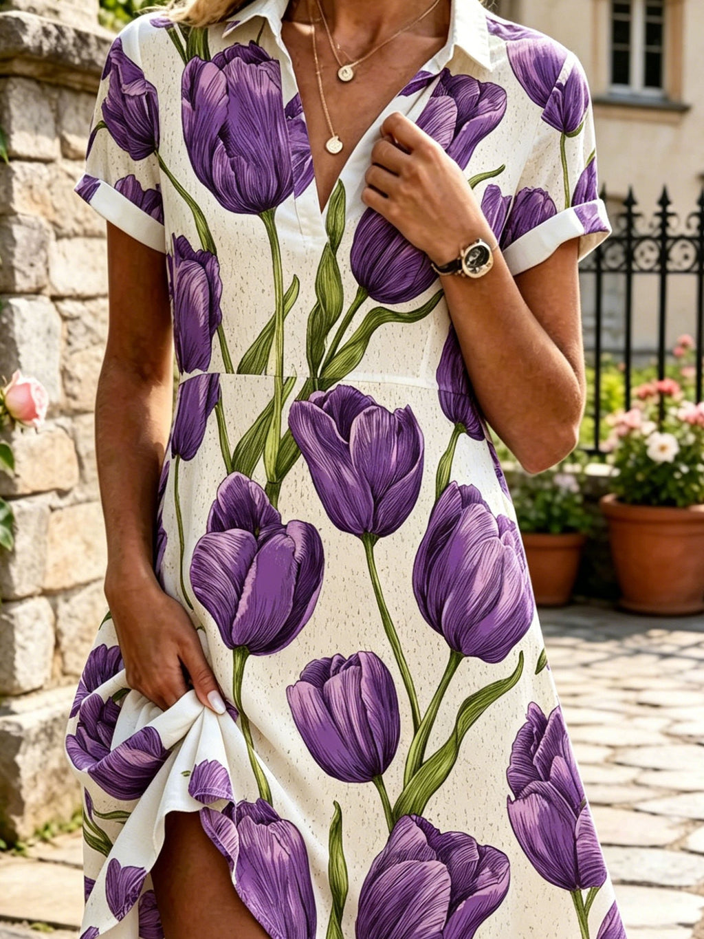 Regular Fit Shirt Collar Floral Elegant Dress With No