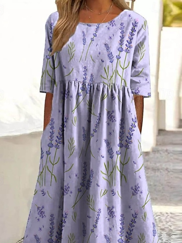 Casual Loose Floral Crew Neck Dress With No