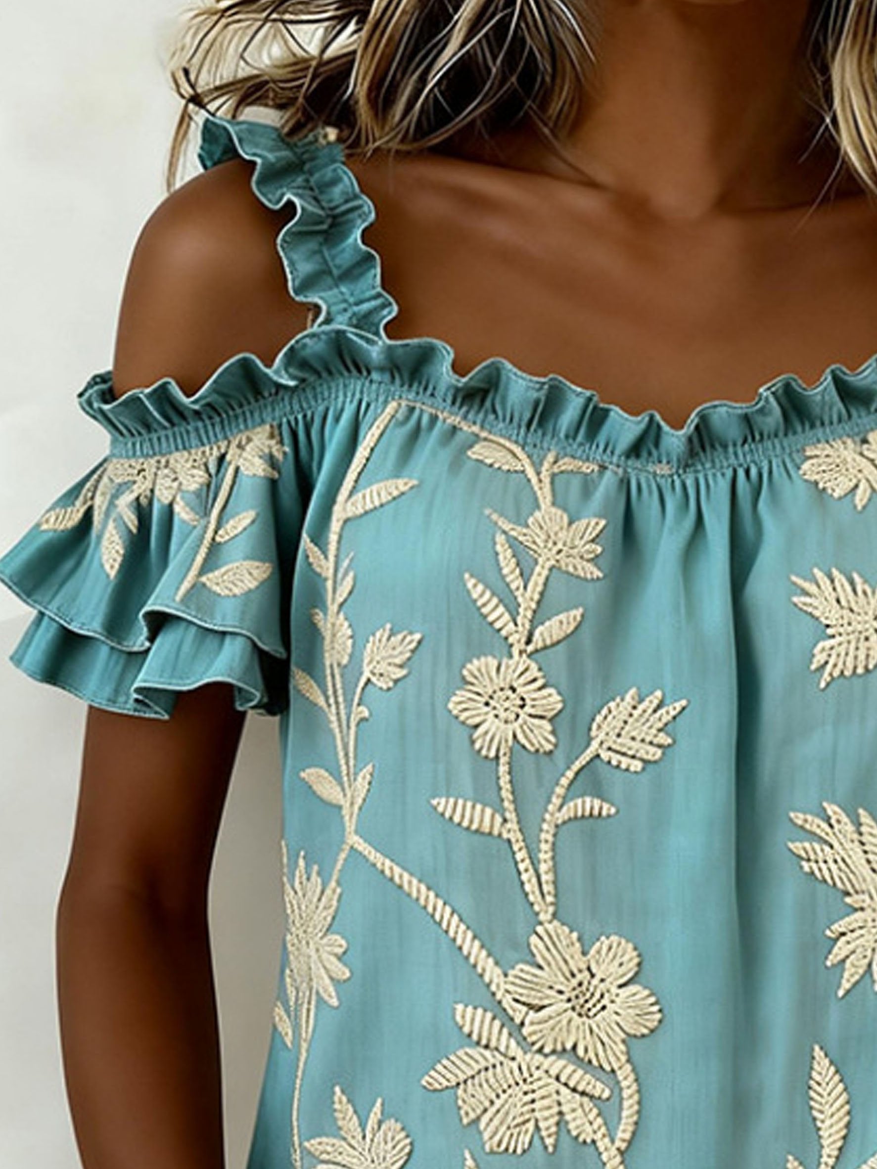 Loose Shoulder Strap Ruffle Short Sleeve Floral Off The Shoulder Summer Casual Top