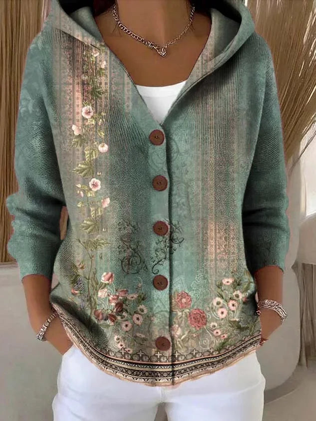 Women's Floral Print Hooded Button Cardigan