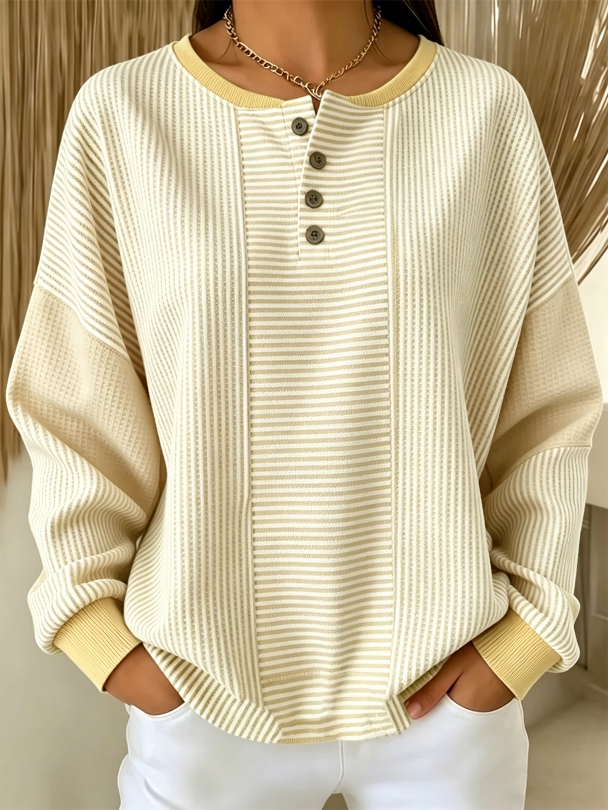 Women's Striped Knit Henley Neck Long Sleeve Casual Sweatshirt