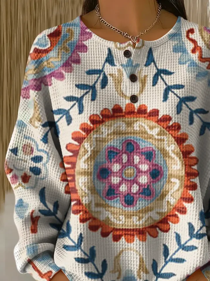 Women's Flowers Print Button-Up Casual Waffle Knit Sweatshirt