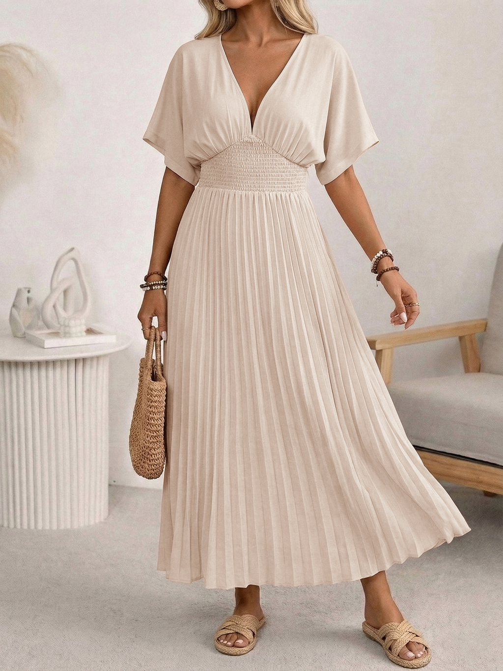Plain Batwing Short Sleeve V Neck Pleated A-Shape Skirt Elegant Maxi Dress