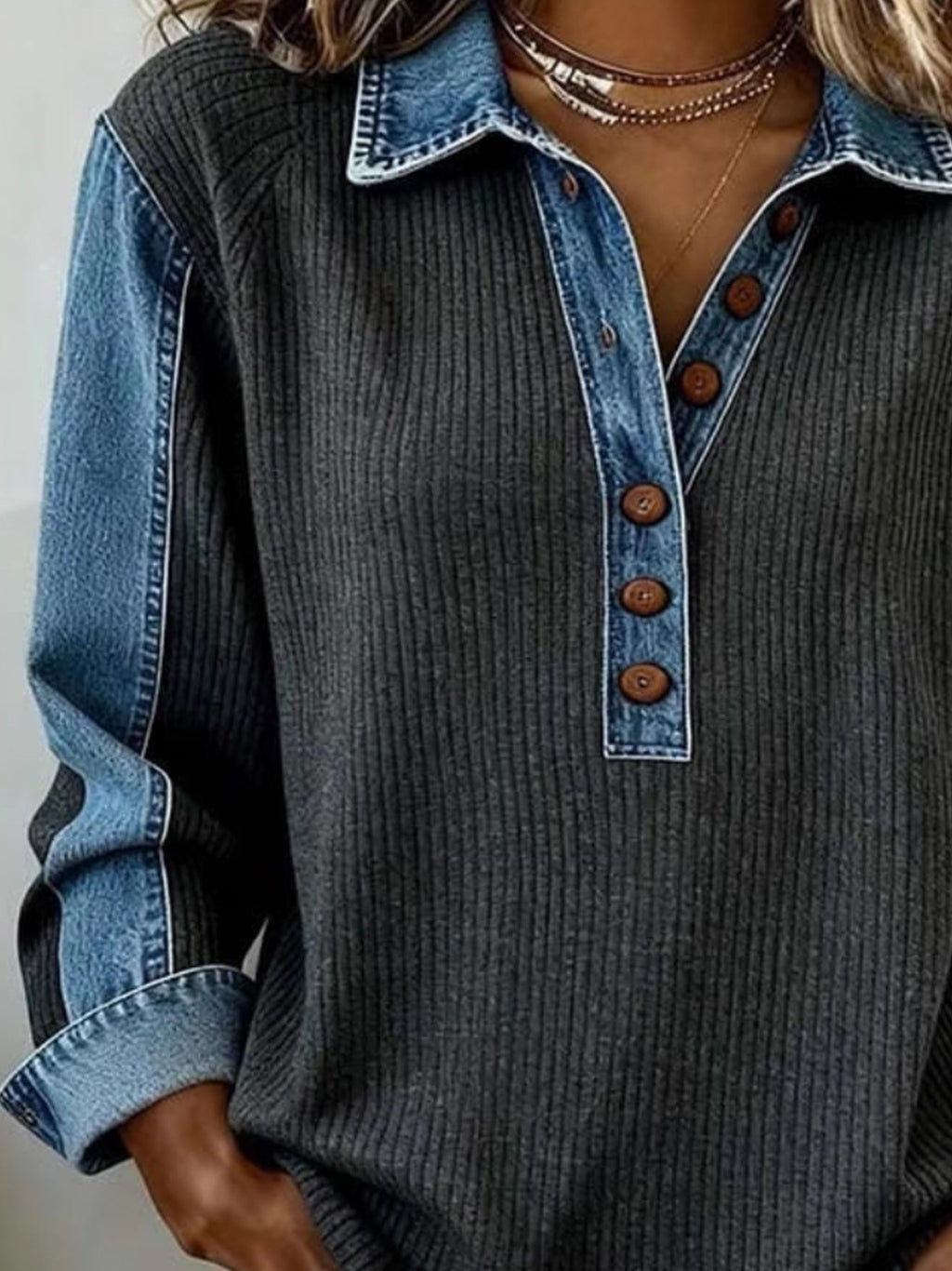 Washed Denim Color Block Ribbing Shawl Collar Long Sleeve Casual Sweatshirt