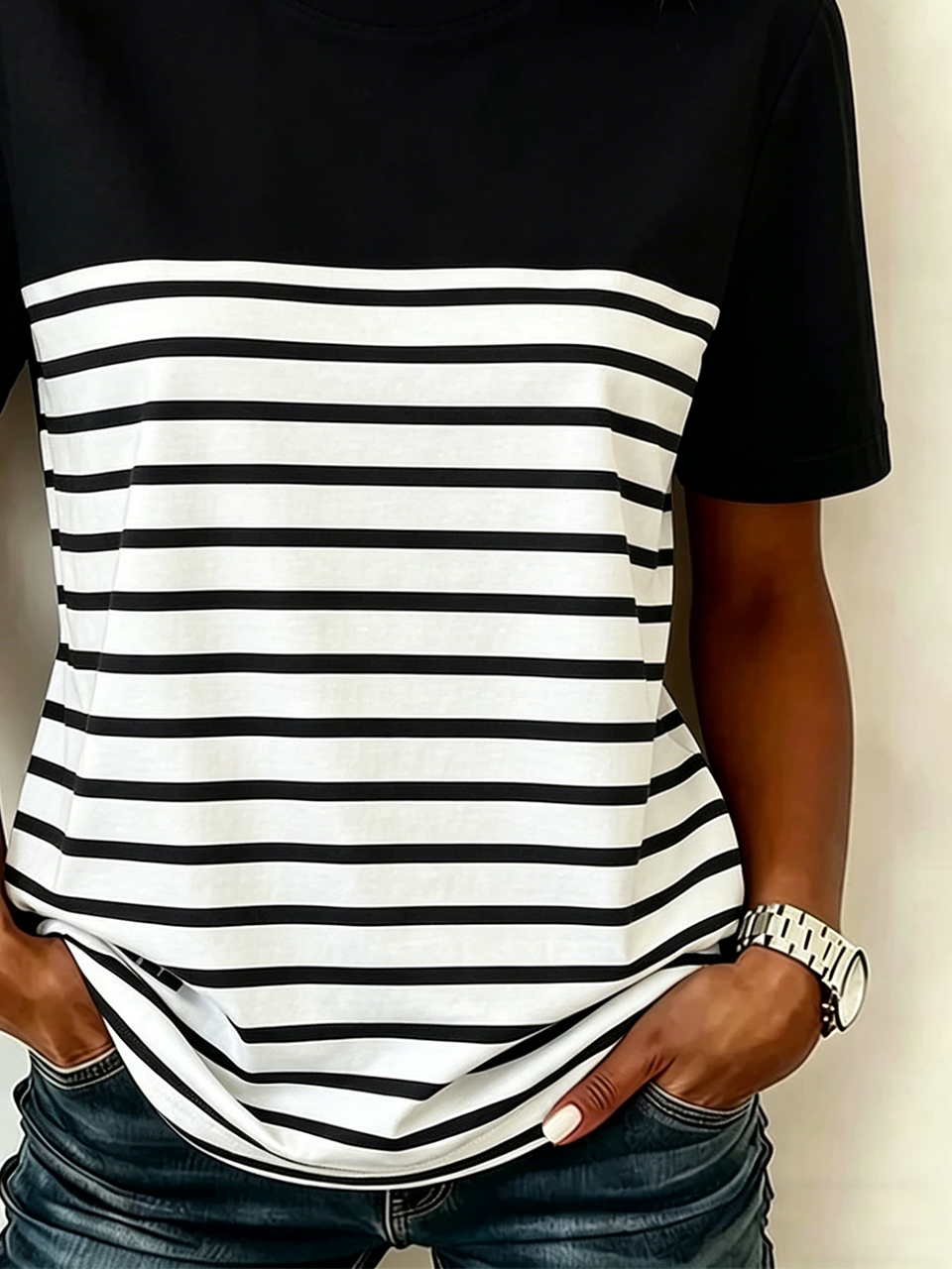 Crew Neck Striped Polyester Cotton Casual T-Shirt