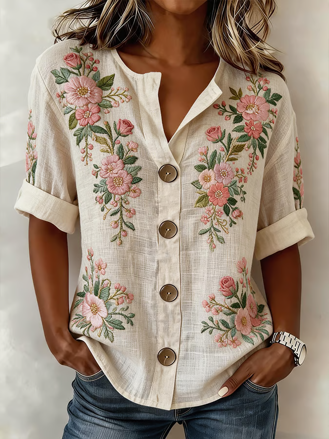 Women's Long Sleeve Shirt Spring/Fall Apricot Floral Buckle Stand Collar Daily Going Out Casual Top