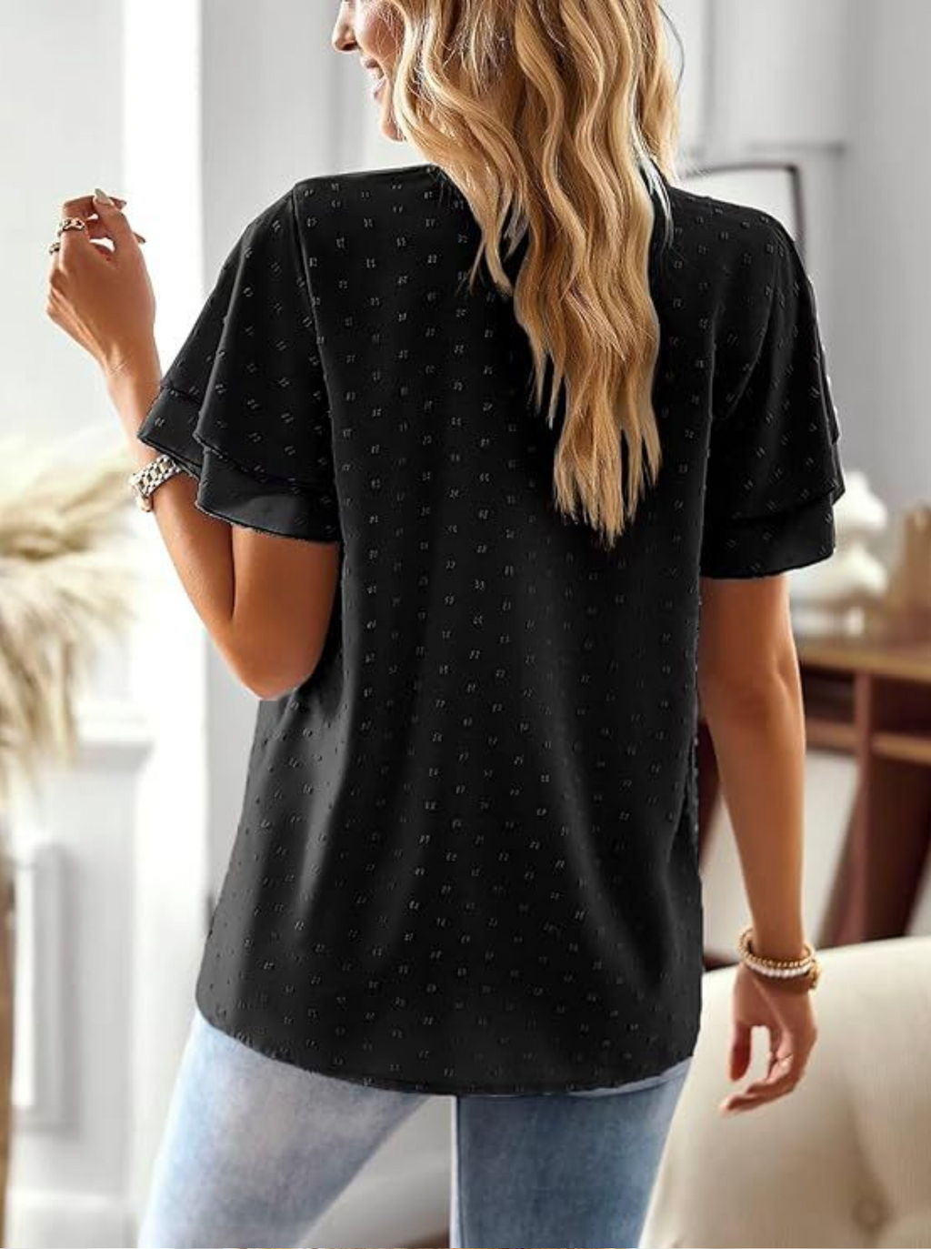 Loose V Neck Ruffle Short Sleeve Lace Elegant Blouse
