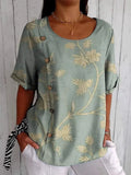 Vintage Floral Round Neck Short Sleeve Button Summer Going Out Casual Top