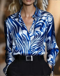 Women's Elegant Satin Zebra Printing Long Sleeve Shawl Collar Shirt