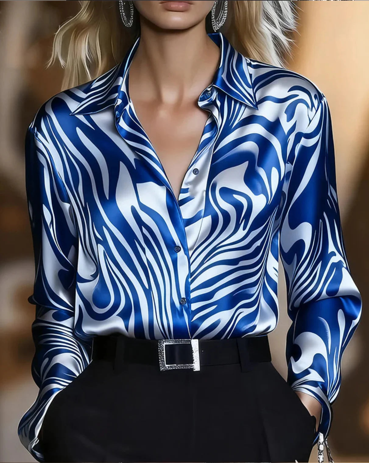 Women's Elegant Satin Zebra Printing Long Sleeve Shawl Collar Shirt