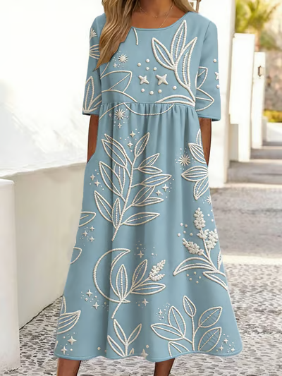 Crew Neck Floral Loose Casual Dress With No