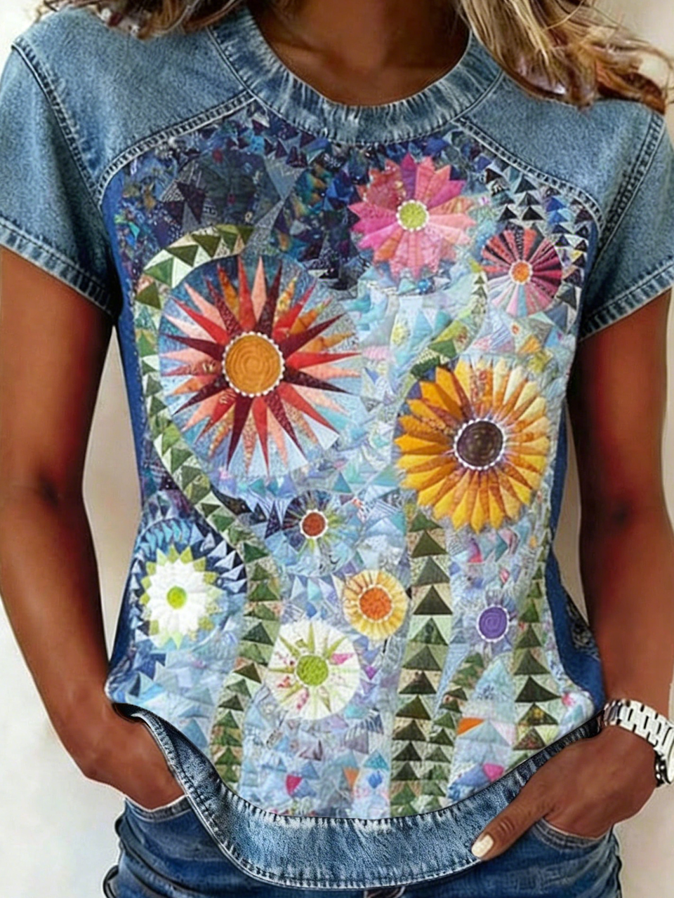 Denim Casual Pop Art Print Crew Neck T-Shirt