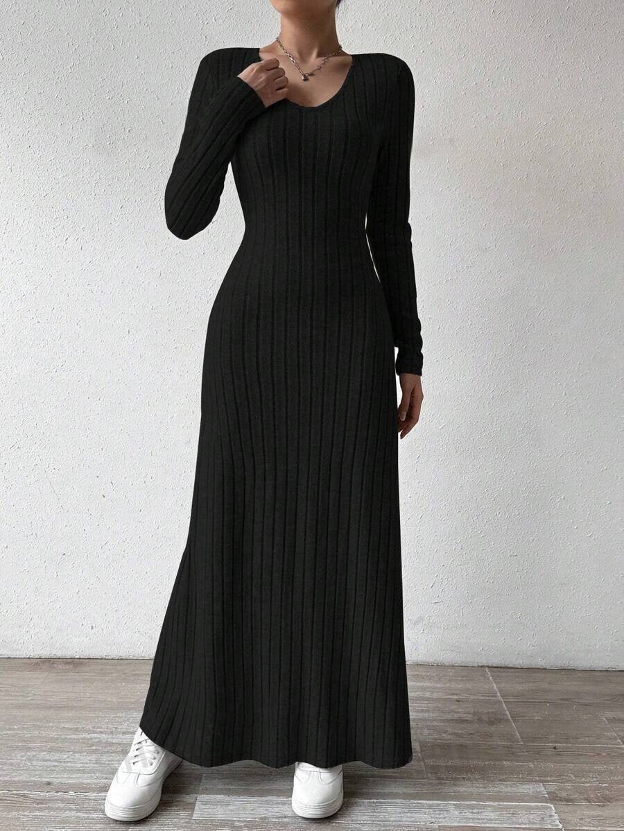 Regular Fit V Neck Plain Casual Dress With No