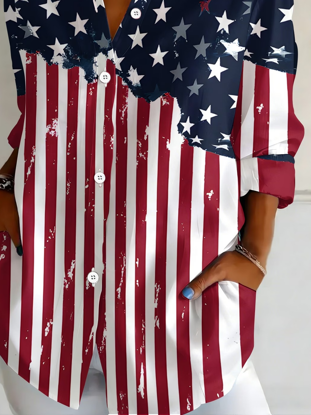 Women's Long Sleeve Shirt Spring/Fall As Picture Independence Day (Flag) Buckle Shirt Collar Regular Sleeve Daily Going Out Casual Top