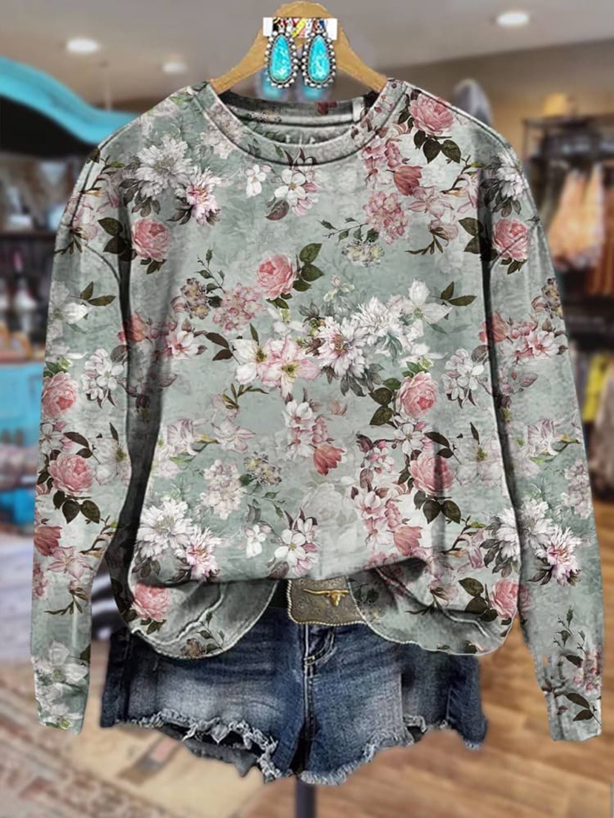 Floral Print Long Sleeve Crew Neck Sweatshirt