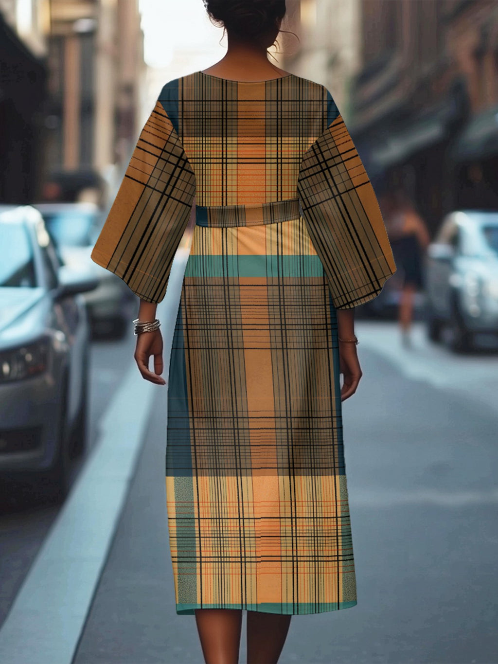 Dolman Sleeve Multicolor Block Regular Fit Vintage Crew Neck Dress With Belt