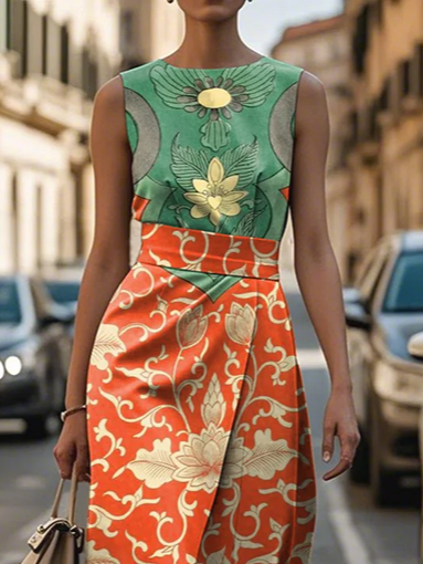 Women's Sleeveless Summer As Picture Floral Printing Crew Neck Daily Going Out Vintage Maxi H-Line Shift Dress Dress