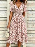 V Neck Puff Short Sleeve Belt Pink Floral Elegant Maxi Dress