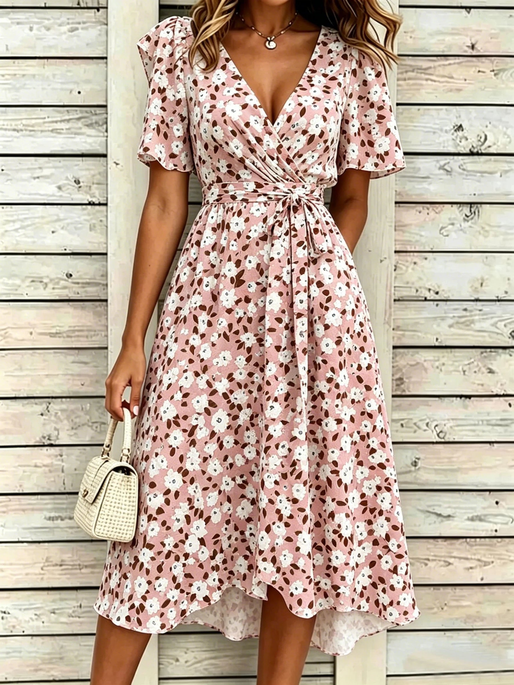 V Neck Puff Short Sleeve Belt Pink Floral Elegant Maxi Dress