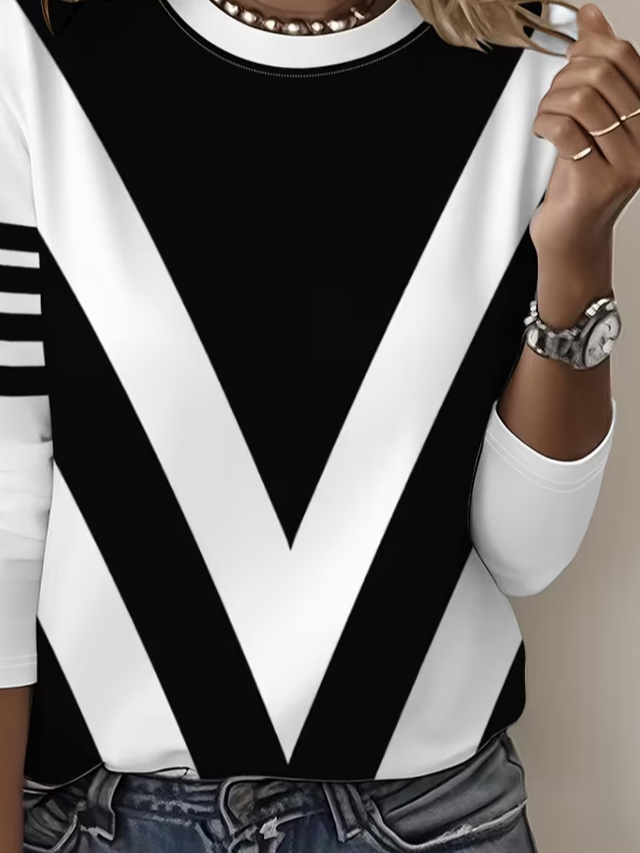 Women's Long Sleeve T-shirt Spring/Fall Black-white Abstract Printing Jersey Crew Neck Daily Going Out Casual Top