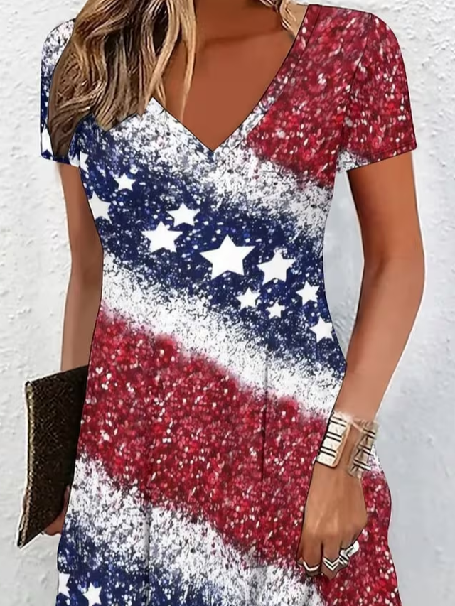 Women's Short Sleeve Summer As Picture America Flag V Neck Daily Going Out Casual Midi A-Line Fit & Flare Dress Dress