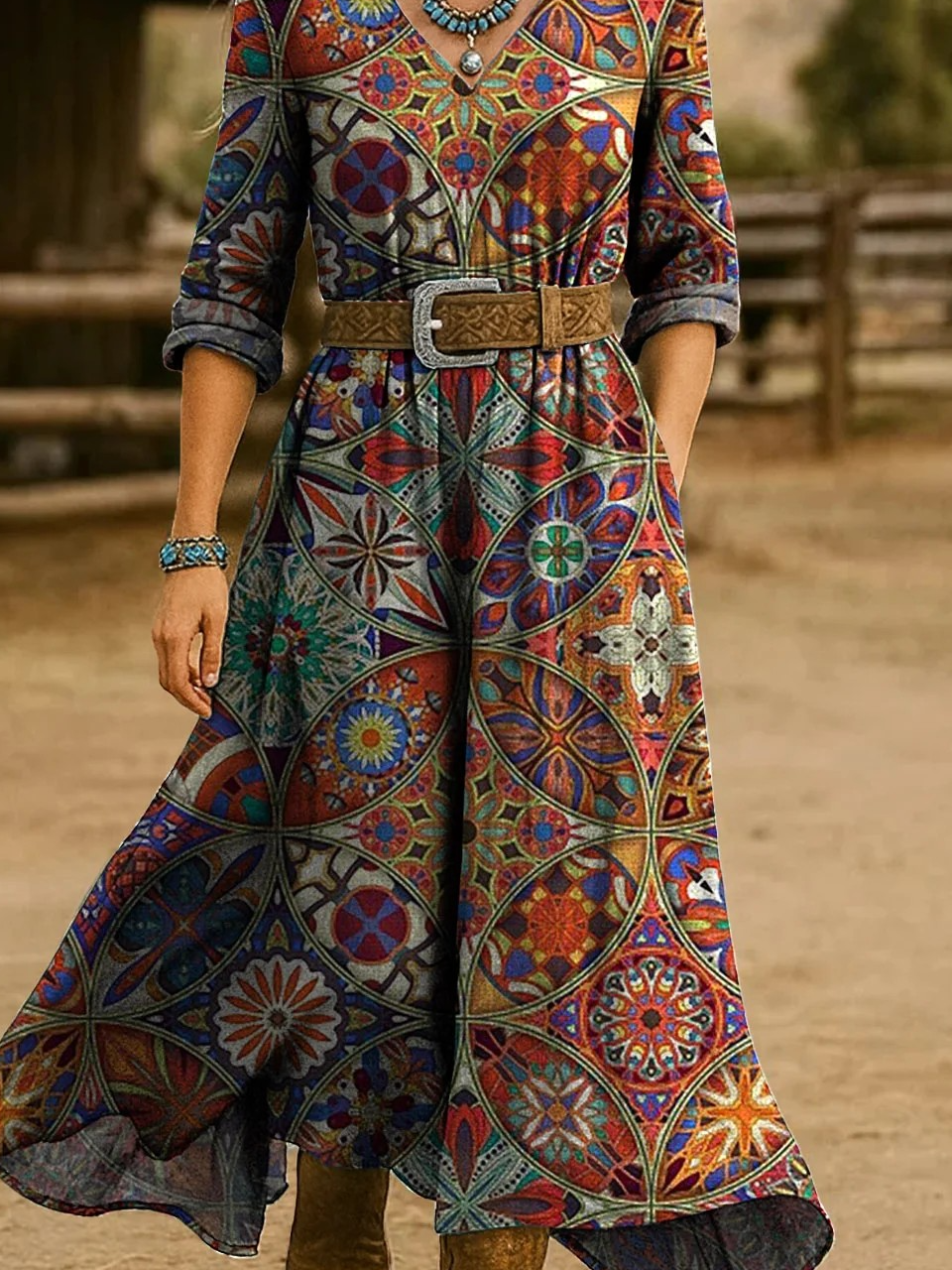 Loose Floral V Neck Vintage Dress With No
