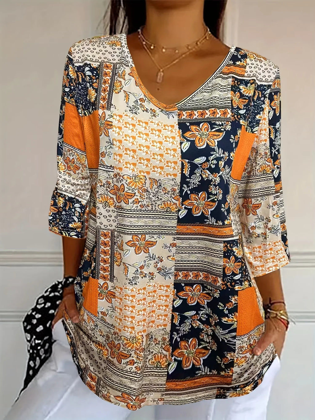 Women's Three Quarter Sleeve T-shirt Spring/Fall As Picture Floral Printing V Neck Daily Going Out Casual Top
