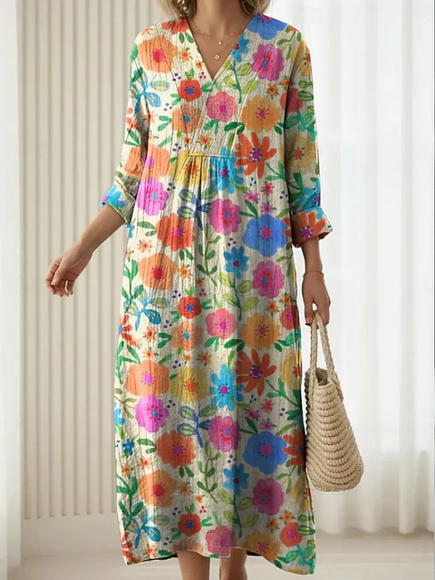 Loose Elegant V Neck Floral Dress With No