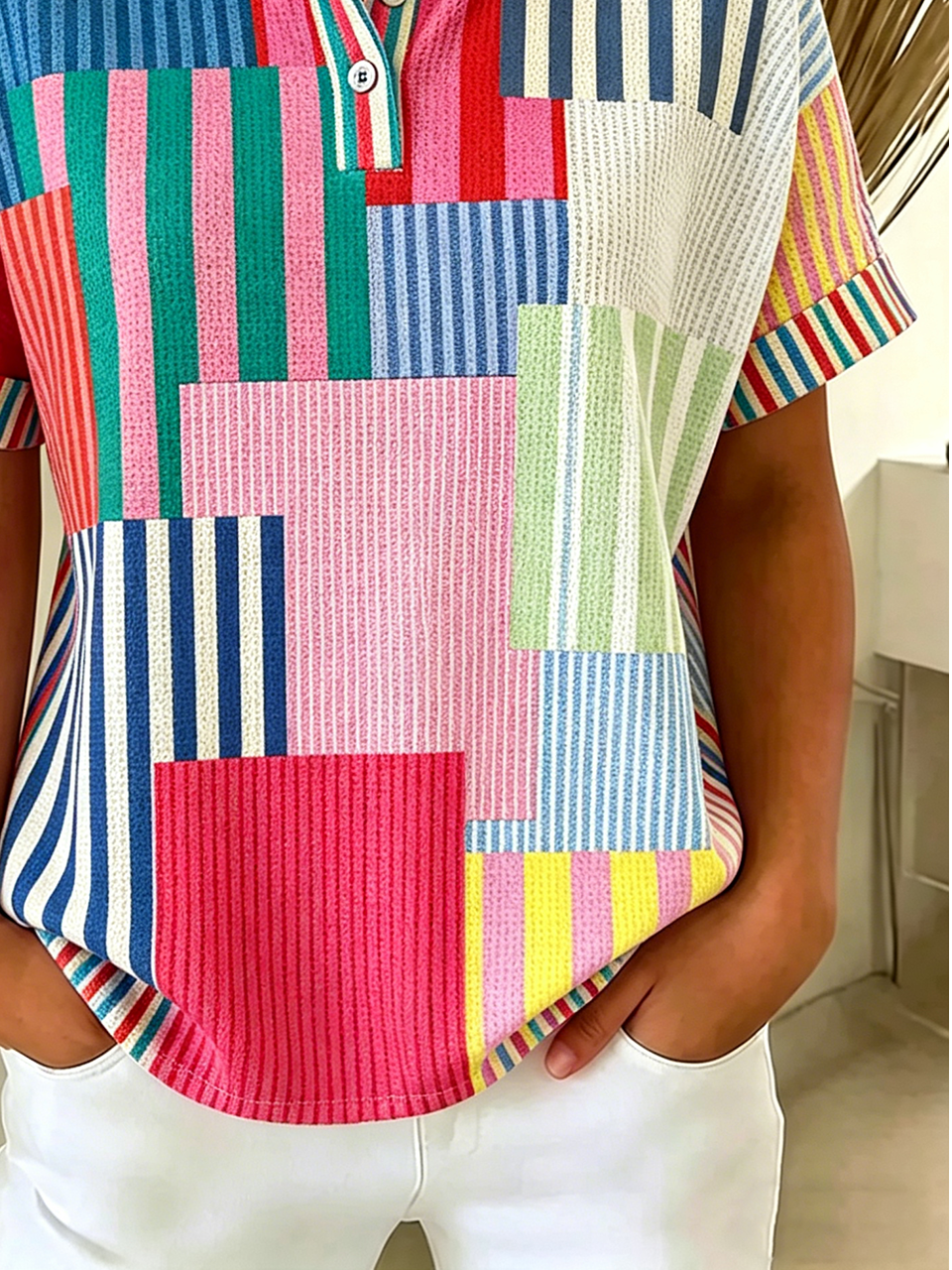 Polo Collar Loose Geometric Casual T-Shirt